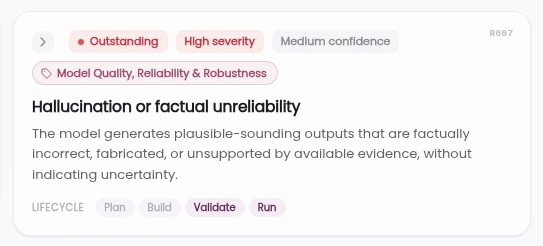 An AIR risk card: Hallucination or factual unreliability. Outstanding, high severity, medium confidence, in the Model Quality, Reliability and Robustness family, at the Validate and Run stages.
